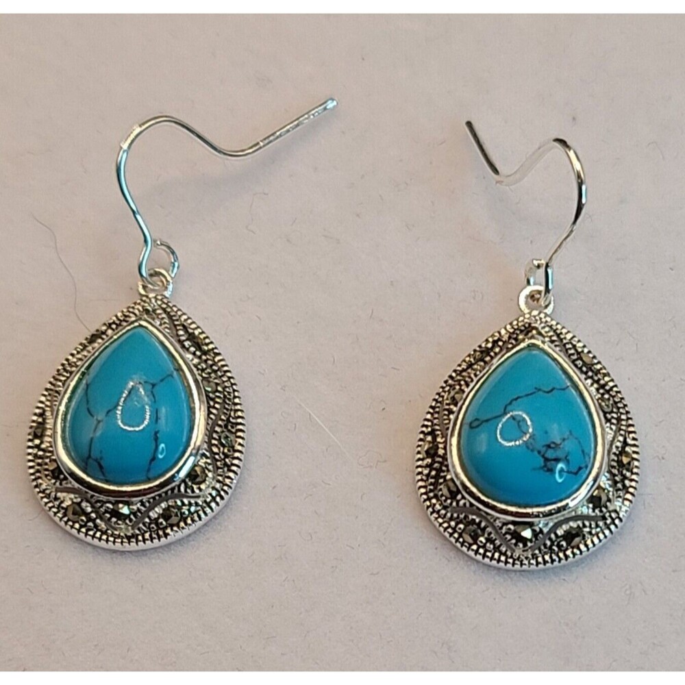 Silver Tone Turquoise Teardrop Dangle Earrings 1 Inch Long